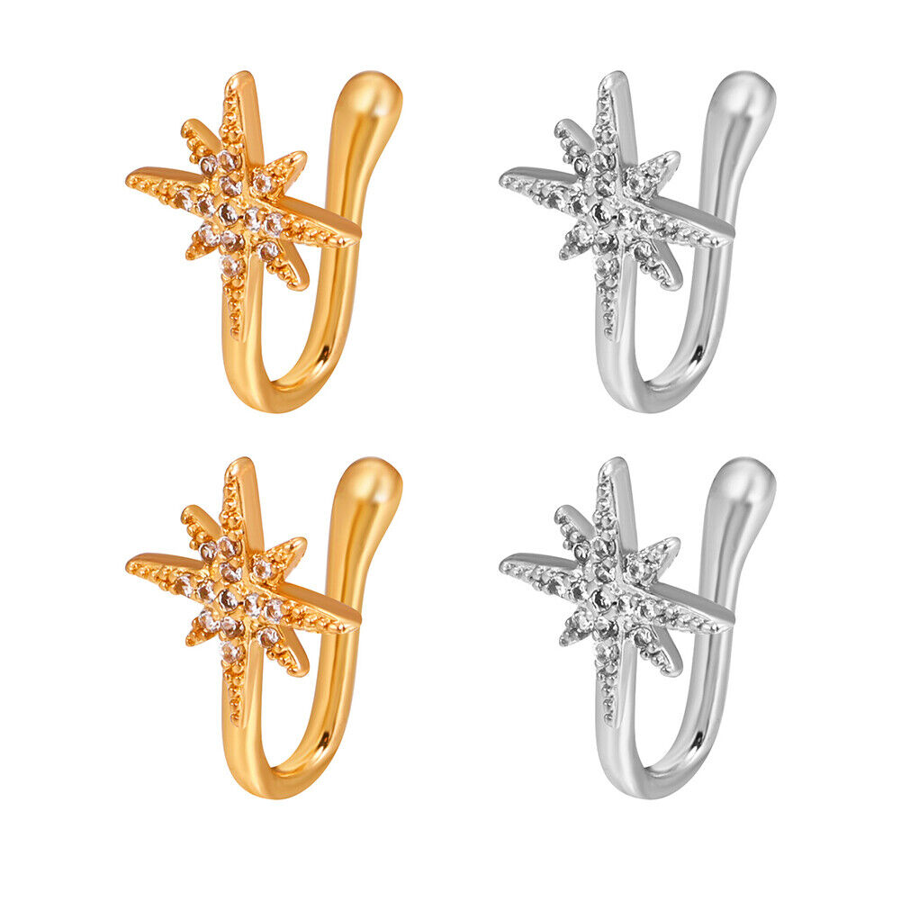 US 2 Pcs Star Heart Crown Nose Ring Copper Durable Fake Non-Pierced Nose Clip
