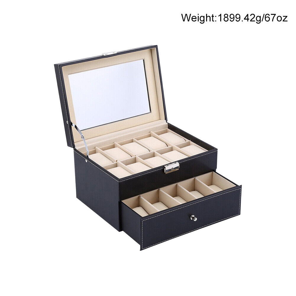 US Large 20 Slot Watch Organizer Box Case Glass Display Leather Jewelry Storage