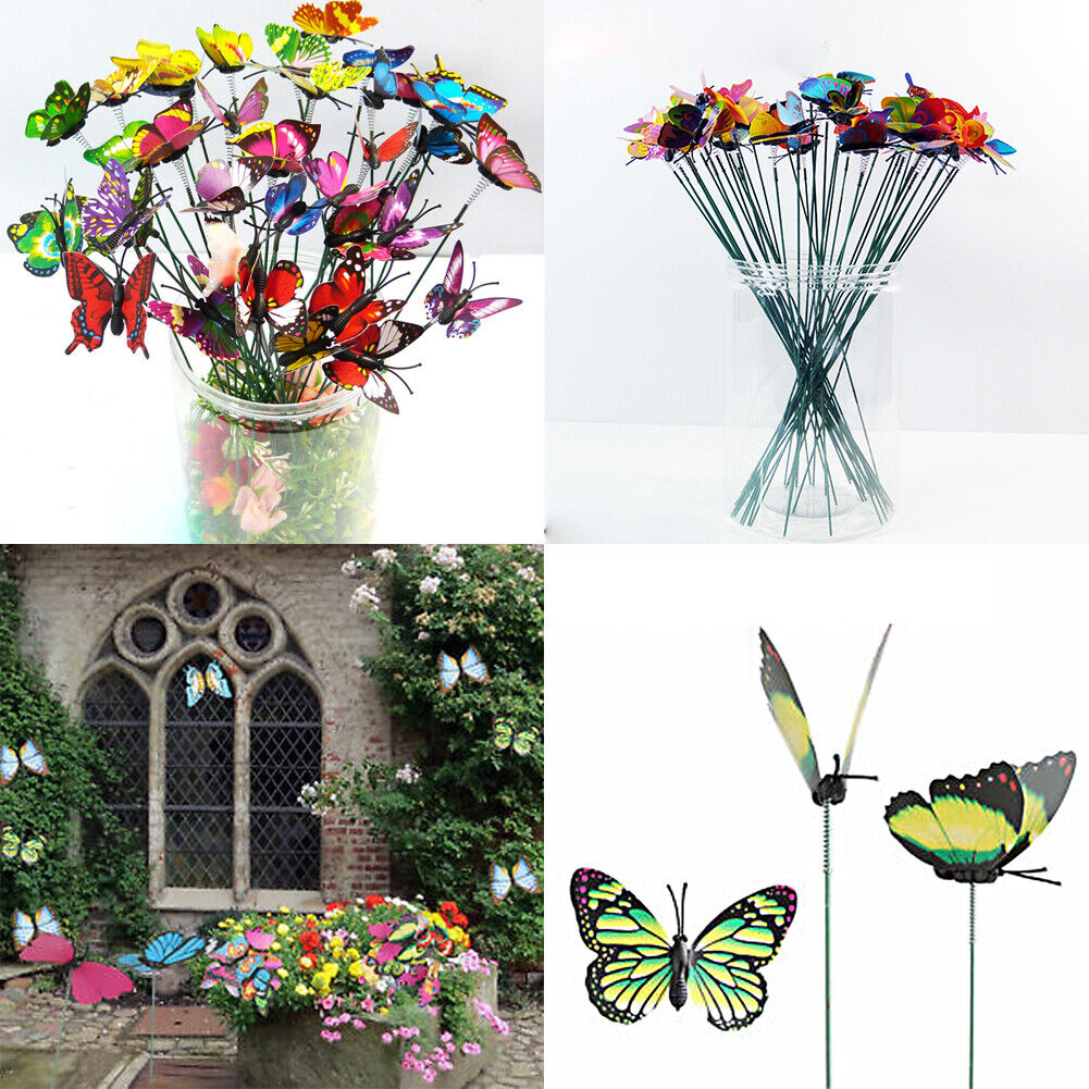 US100-200 Pack Butterfly Stakes Outdoor Yard Planter Flower Pot Bed Garden Decor