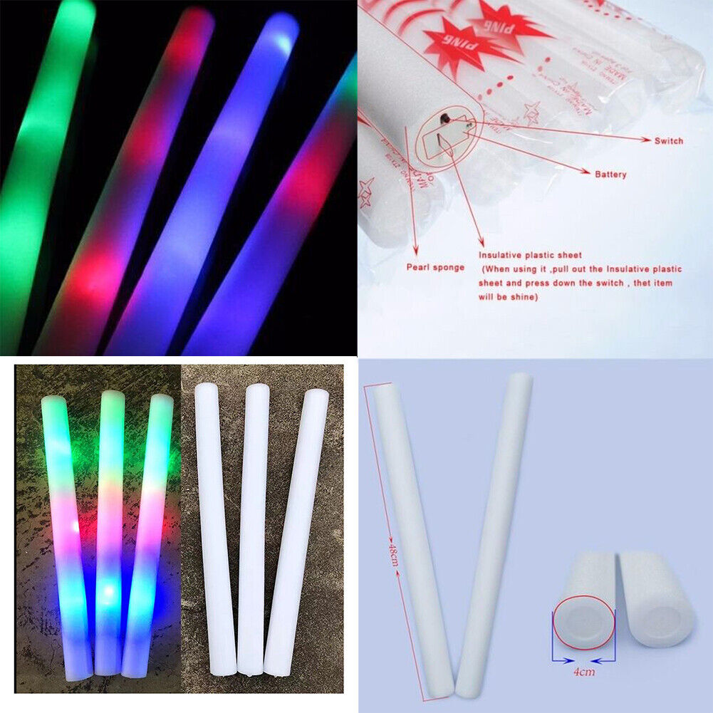 US 24-48 Pack LED Light Up Foam Sticks Glow Batons Flashing Rave Batons DJ Wands