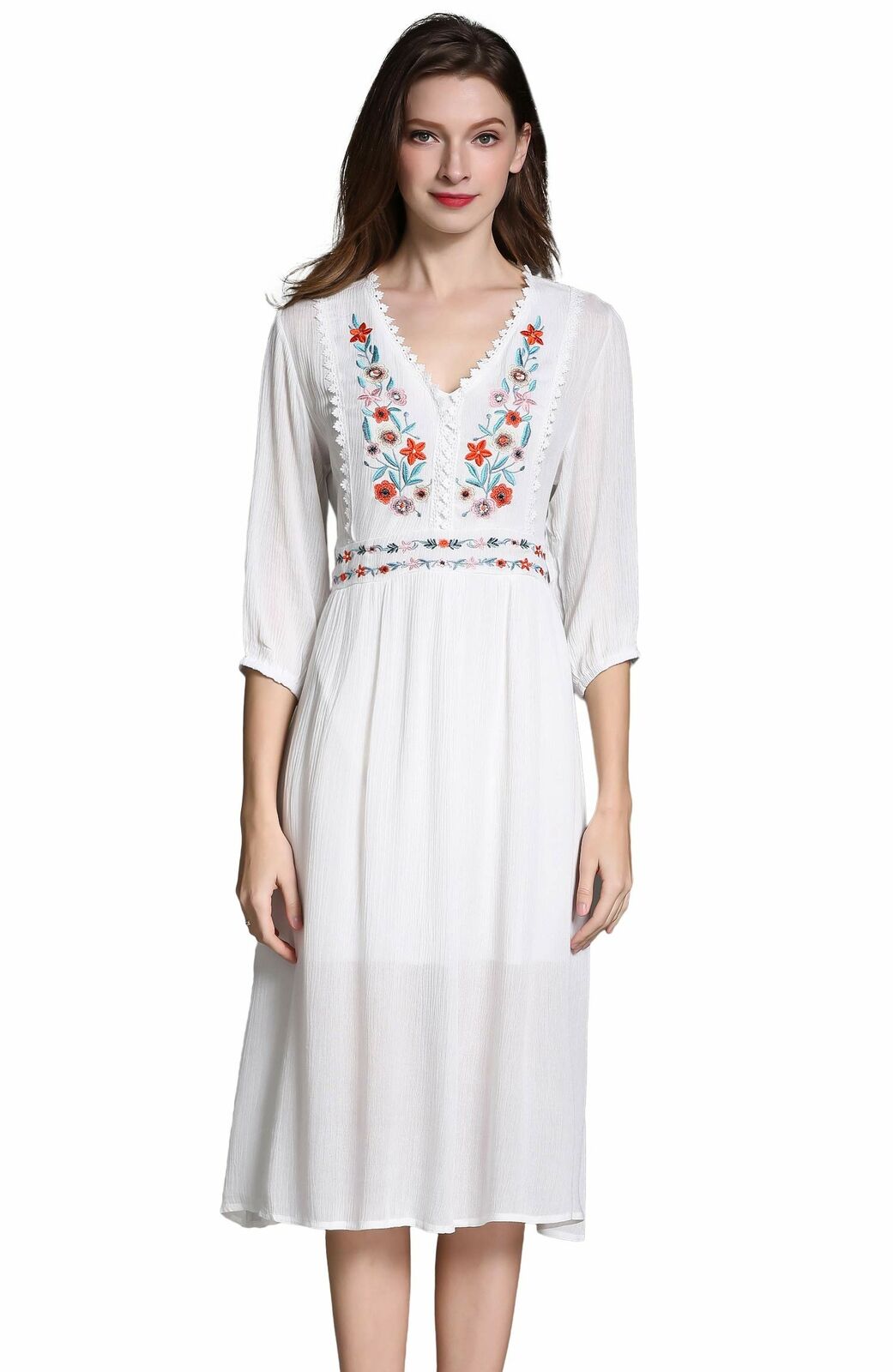 Women's Short Sleeve Mexican Embroidered Floral Pleated A-line Cocktail Dress