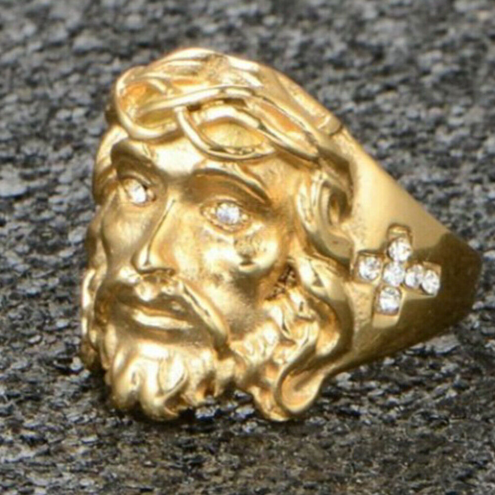 US Mens Gold Plated Cross Jesus Christ Face Ring Stainless Steel Size 8-11