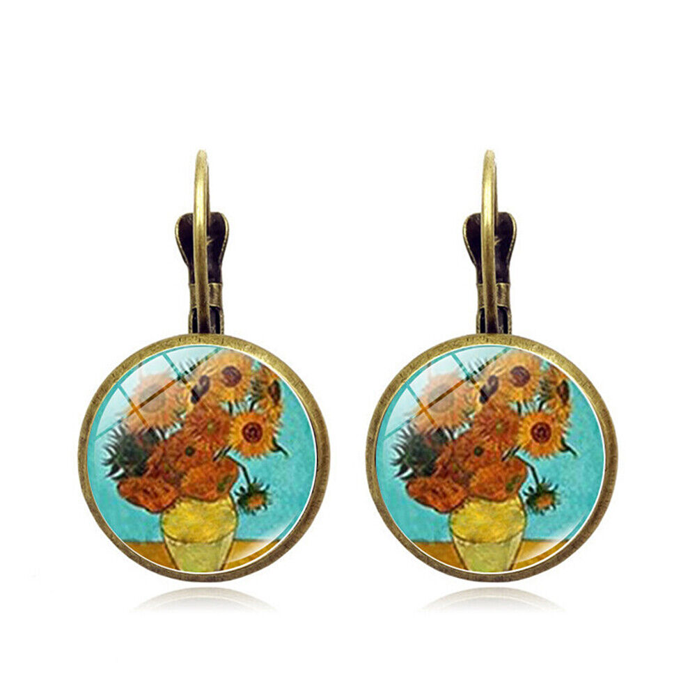 US Starry Night Van Gogh Sunflower Landscape Painting Glass Drop Dangle Earrings