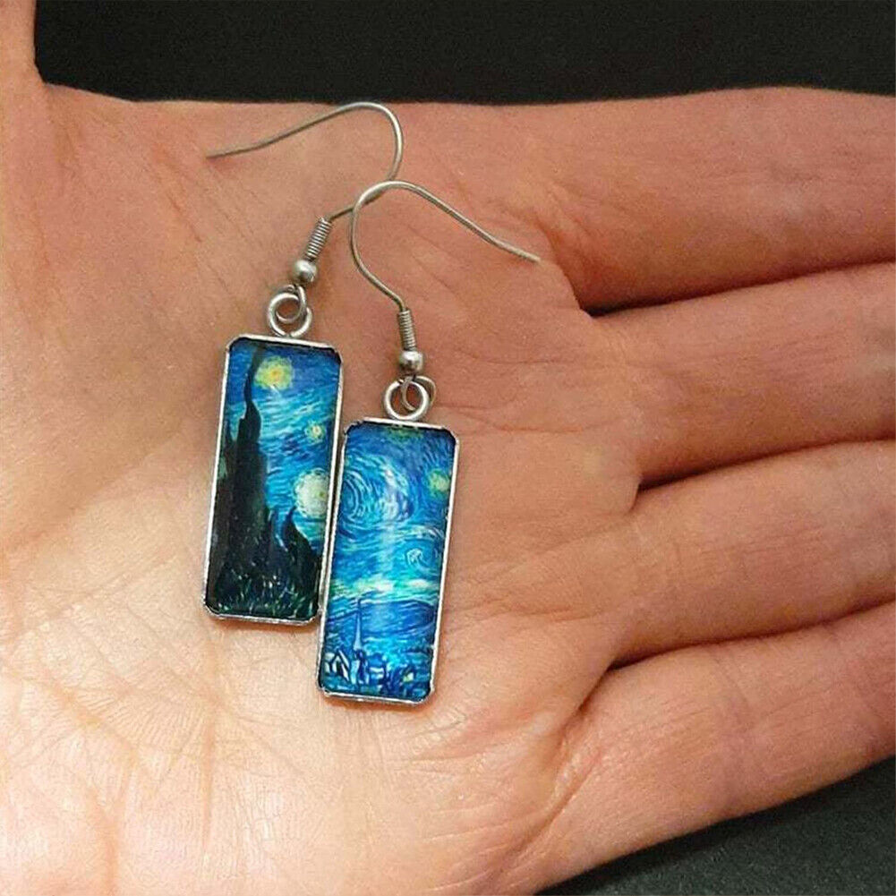 US Rectangle Starry Sky Sunflower Van Gogh Painting Glass Drop Dangle Earrings