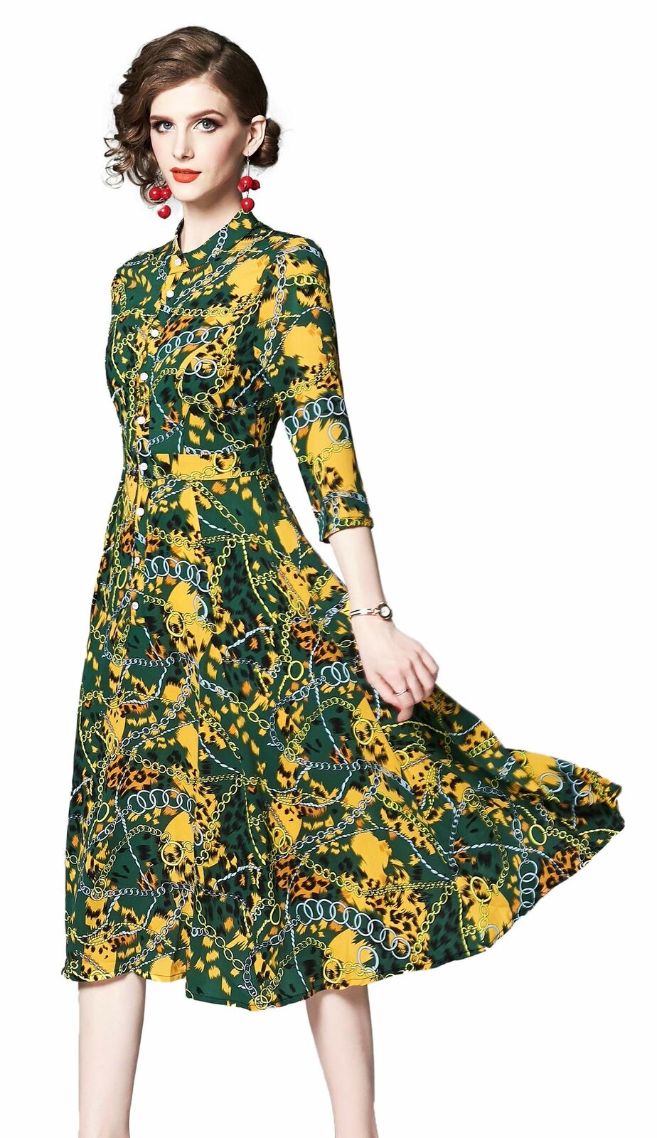 Women's Vintage Floral Printed Lotus Sleeves Elastic Waist  Cocktail Dress