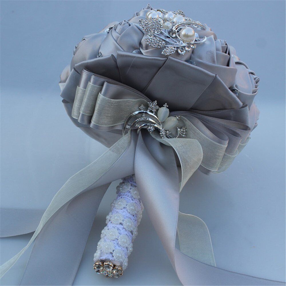 Bride Holding Bouquet Ribbon Rose Flowers Wedding Bouquet Rhinestone Brooch