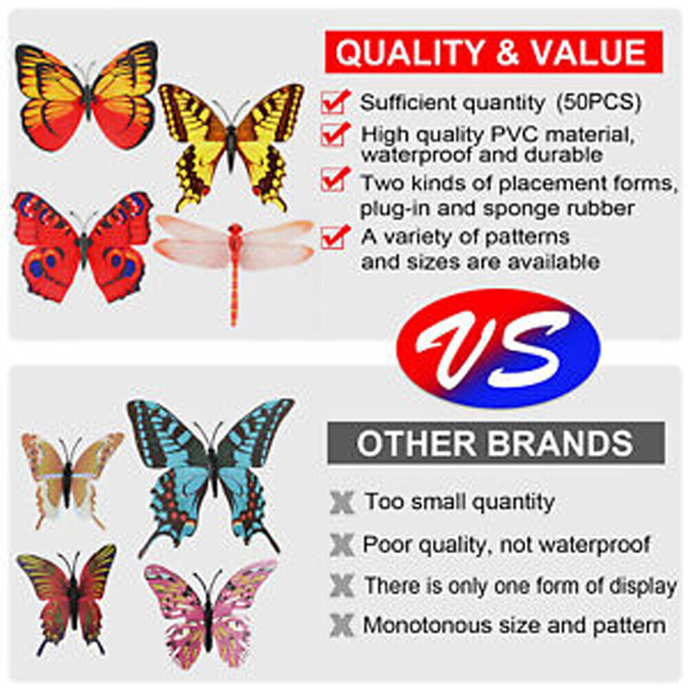 US100-200 Pack Butterfly Stakes Outdoor Yard Planter Flower Pot Bed Garden Decor