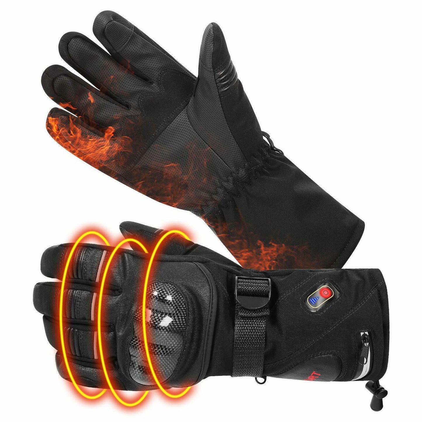 Rechargeable Heated Leather Gloves with Knuckle Protection Motorcycle Ski Riding