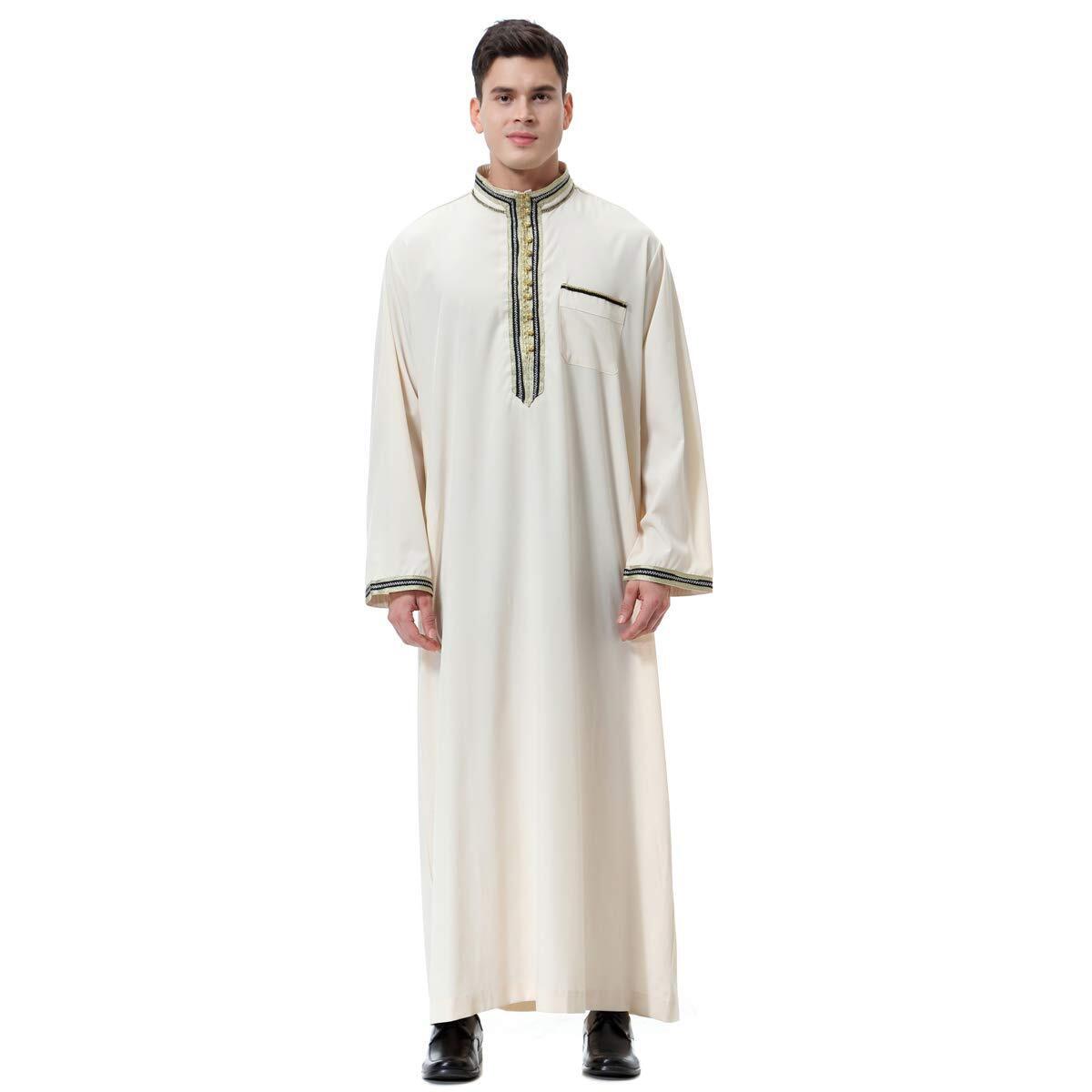 Men Arabic Long Sleeve Embroidery Decal Thobe Stand Collar Kaftan Robe