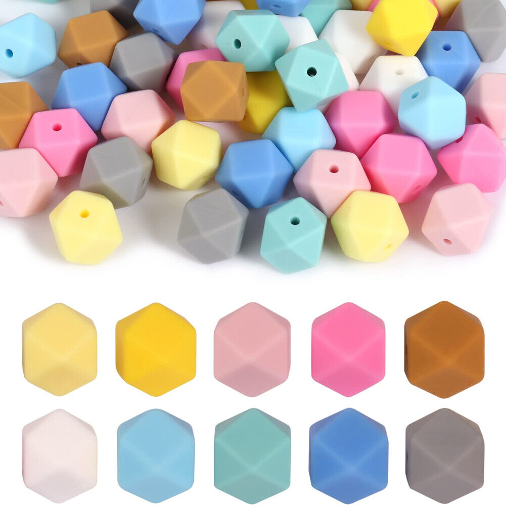 US 60-120 Pack 14mm Hexagon Silicone Beads Bulk Assorted Rubber Large Polygonal