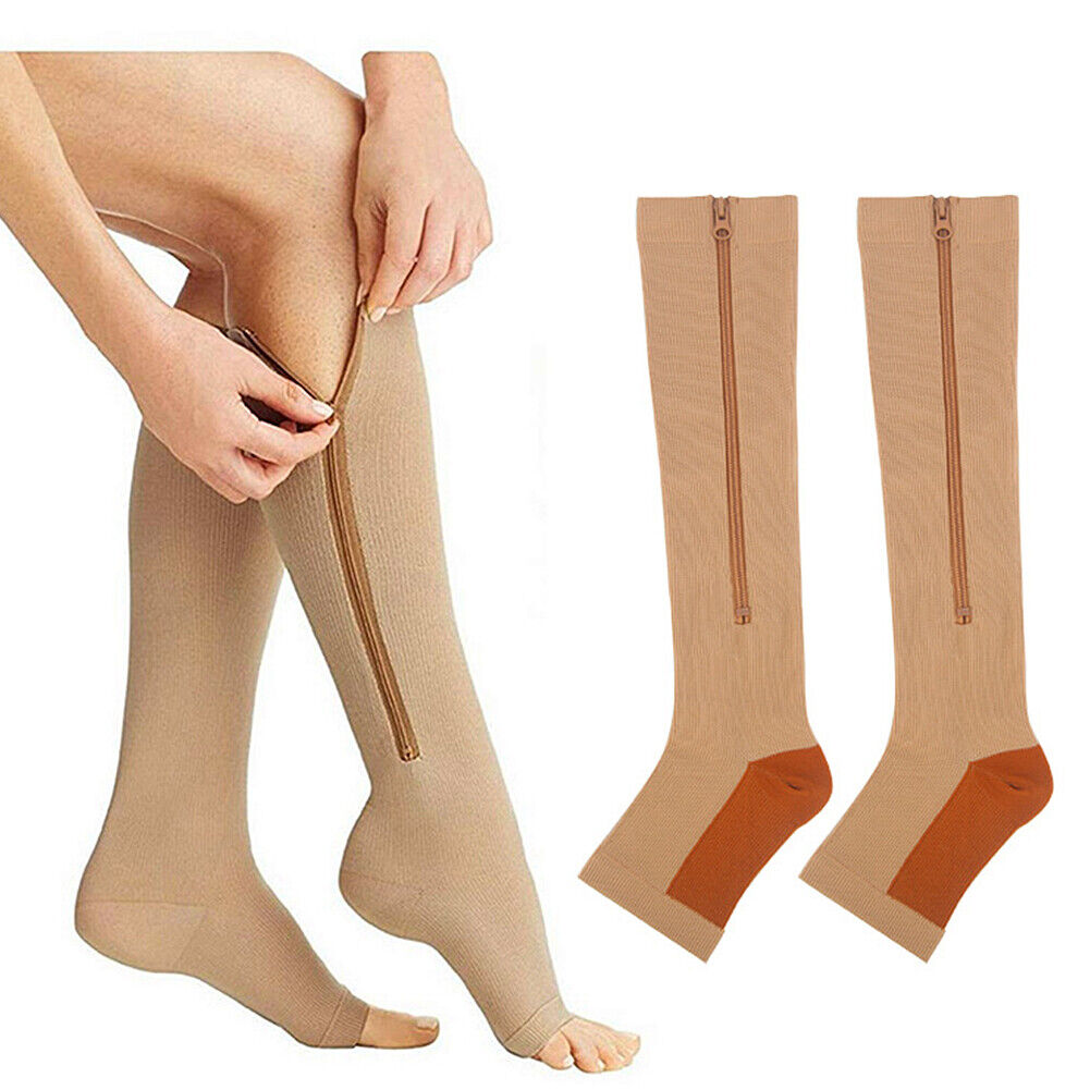 US 3 Pair Zipper Pressure Compression Sock Pain Relief Toeless Calf Leg Stocking