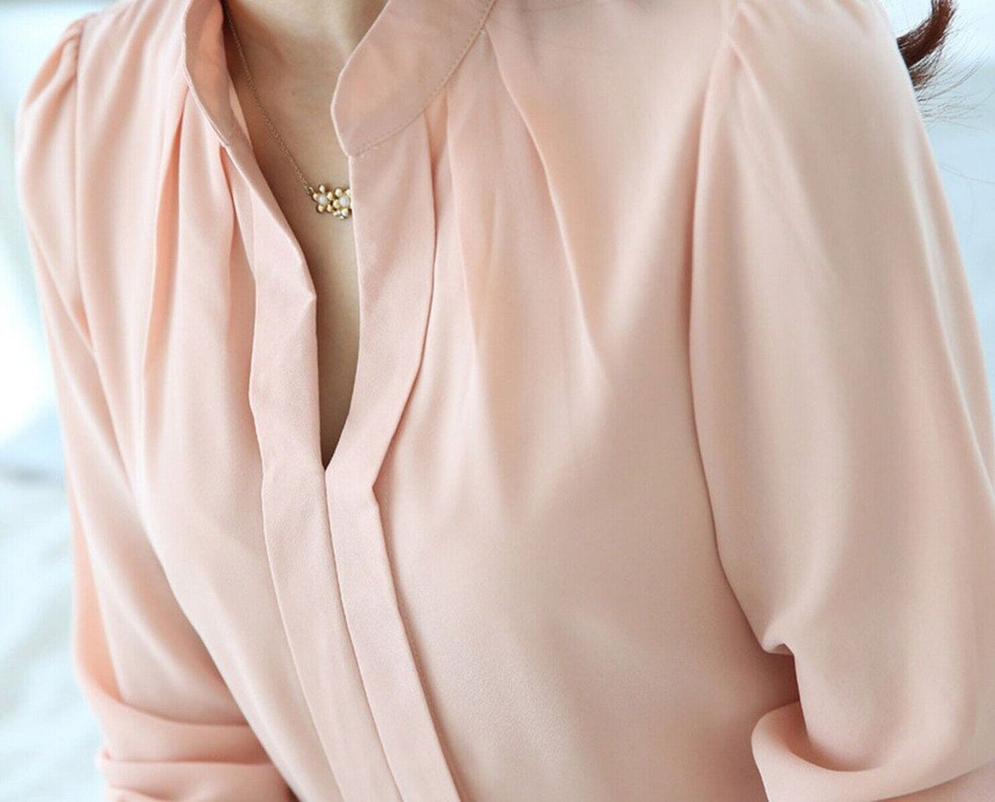 Womens Chiffon V-Neck Pullover Tops Pleated Slim Long Sleeve Work Blouse