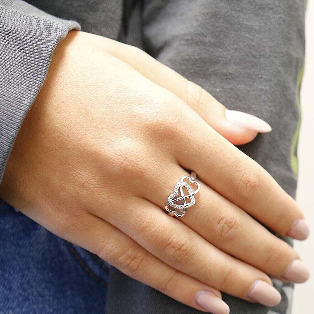US 2-4 Love Heart Cubic Zirconia Twisted Eternity Band 925 Sterling Silver Rings