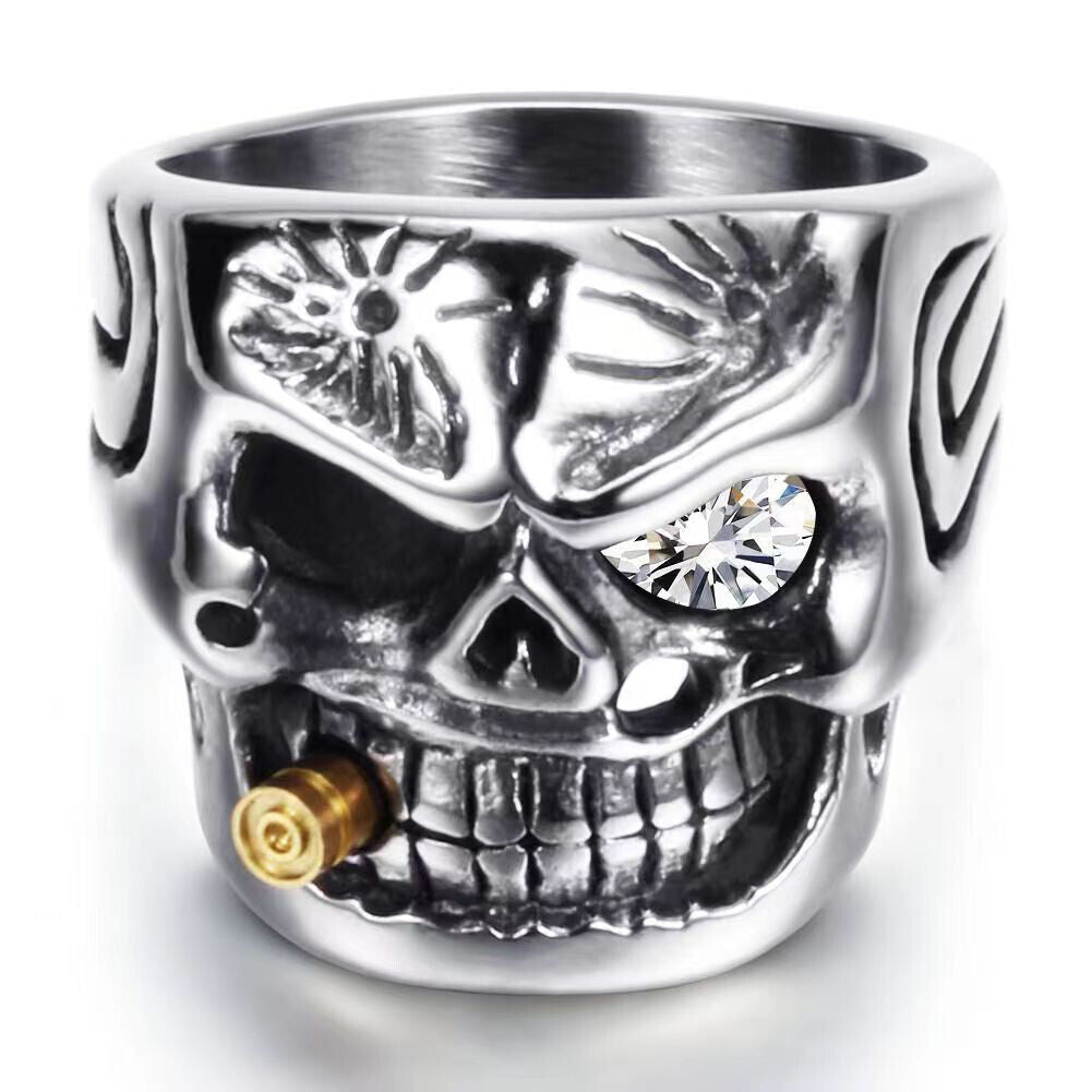 US 1-2Pc Goth Men Biker Punk CZ Smoking Skull Ring Men Stainless Steel Size 8-12