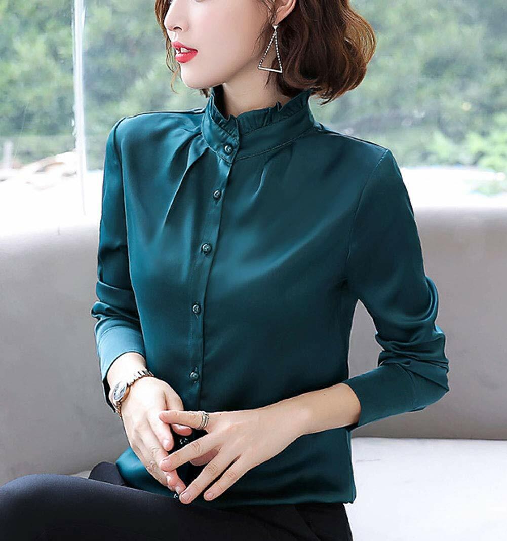 Women Vintage Pleated Collared Button Down Shirt Long Sleeve Blouse Stretch