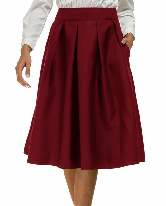 Women High Waist A-line Skater Flared Midi Skirt with Pocket