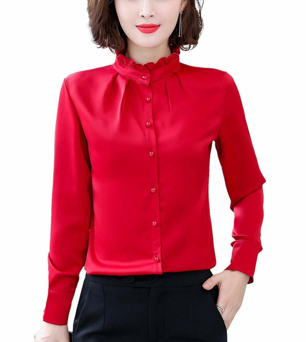 Women Vintage Pleated Collared Button Down Shirt Long Sleeve Blouse Stretch