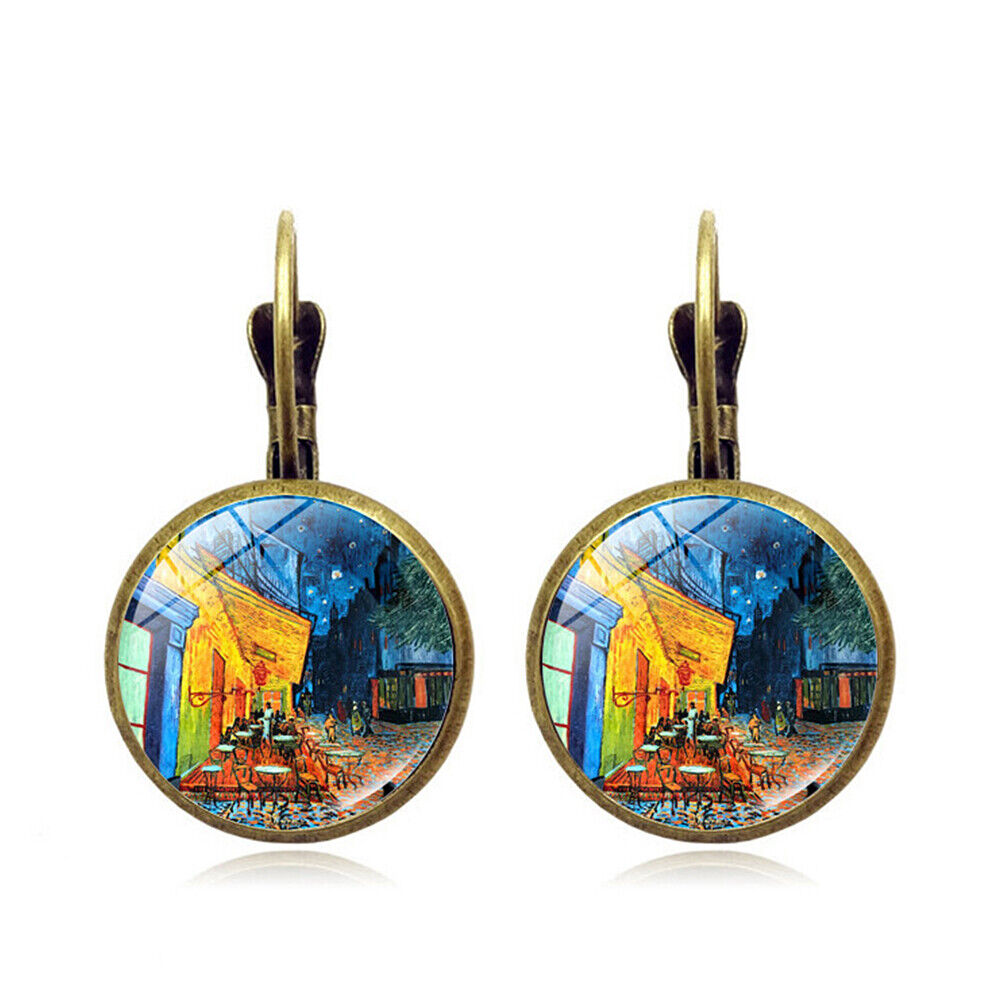 US Starry Night Van Gogh Sunflower Landscape Painting Glass Drop Dangle Earrings