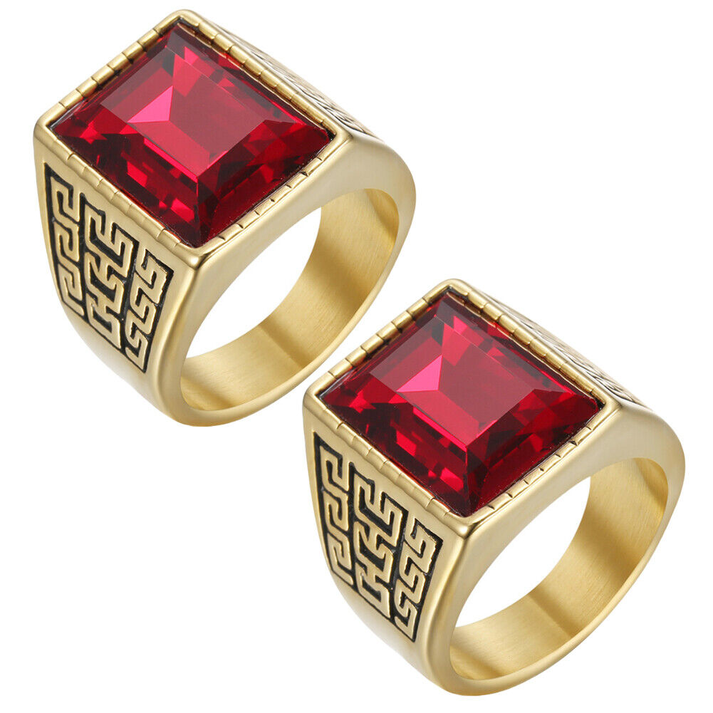US Men Gold Plated Stainless Steel Red CZ Crystal Stone Ring Men Size 7-11