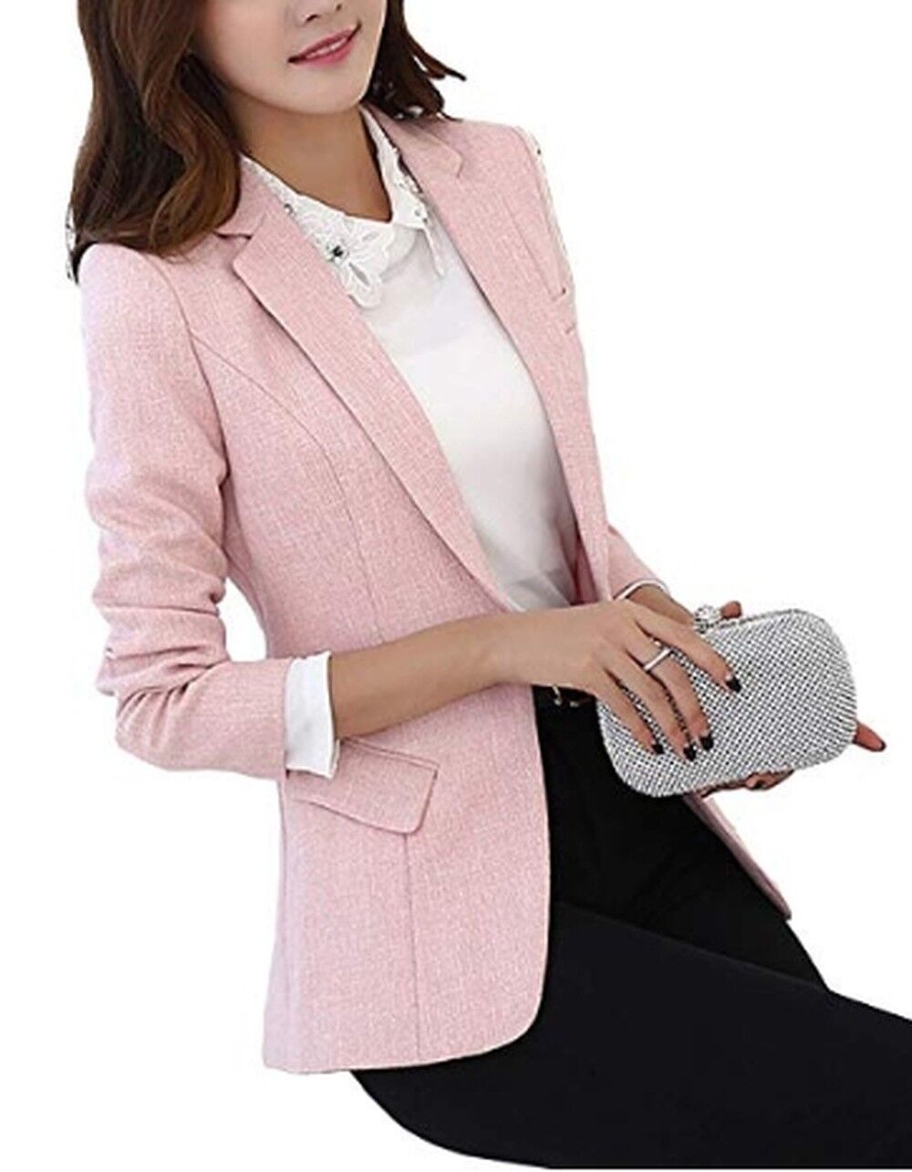 MFrannie Womens Cotton & Linen Tweed Blazer One Button Office Work Jacket