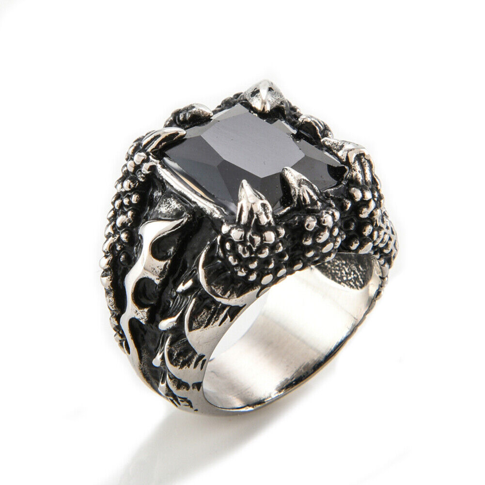 US 2 Pack Mens Stainless Steel Biker Black Onyx Dragon Claw Ring For Men