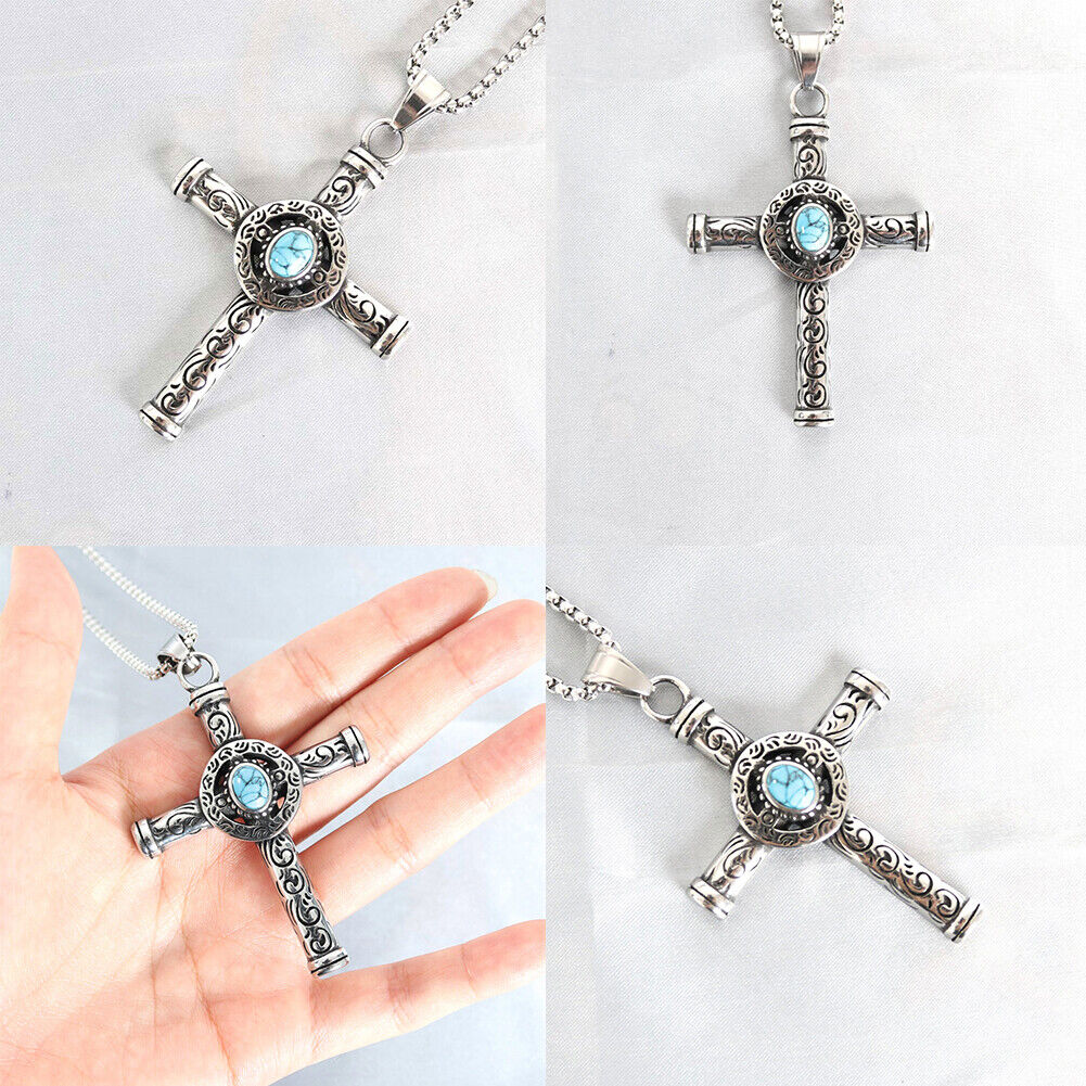 US Men Celtic Norse Turquoise Cross Stainless Steel Necklace Gothic Pendant