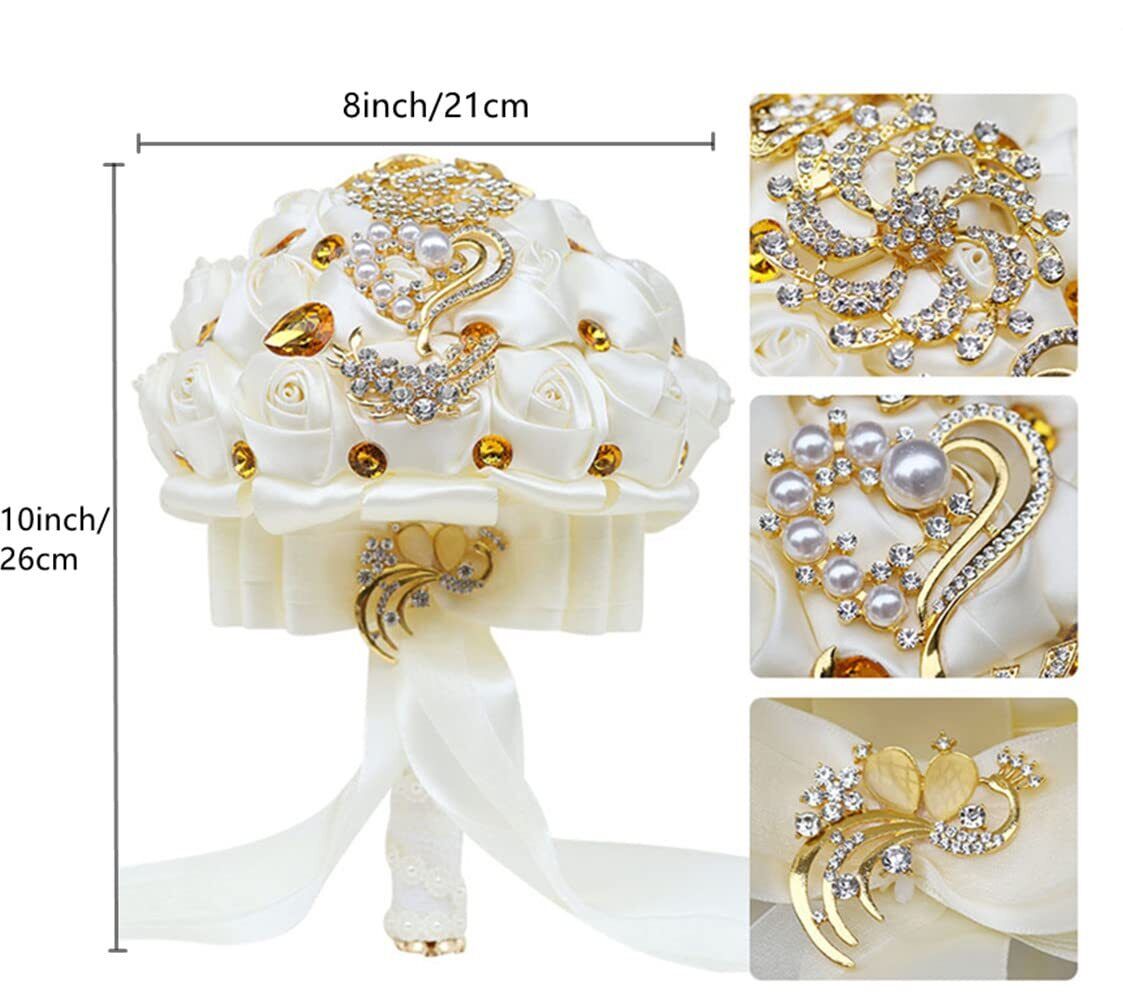 Luxury Gold Rhinestone Bridal Wedding Bouquet Bride Bridesmaid Satin Rose Flower