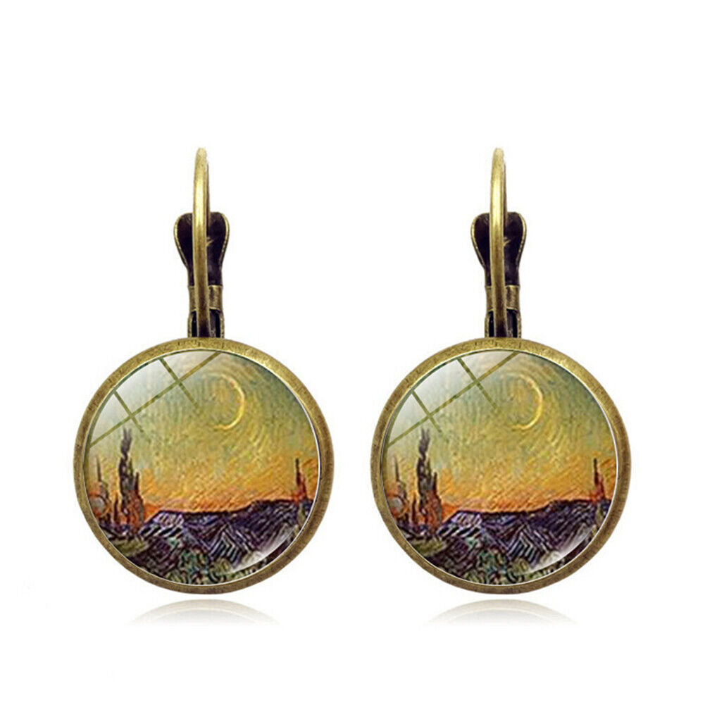 US Starry Night Van Gogh Sunflower Landscape Painting Glass Drop Dangle Earrings