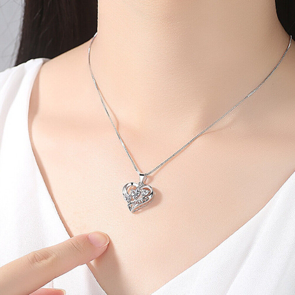 US1-2Pc 925 Sterling Silver Infinity Love Heart Cubic Zirconia Pendant Necklace