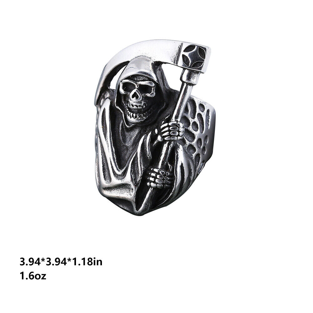 US 2 Pack Mens Biker Goth Death Skull Grim Reaper Ring Stainless Steel Size 8-12