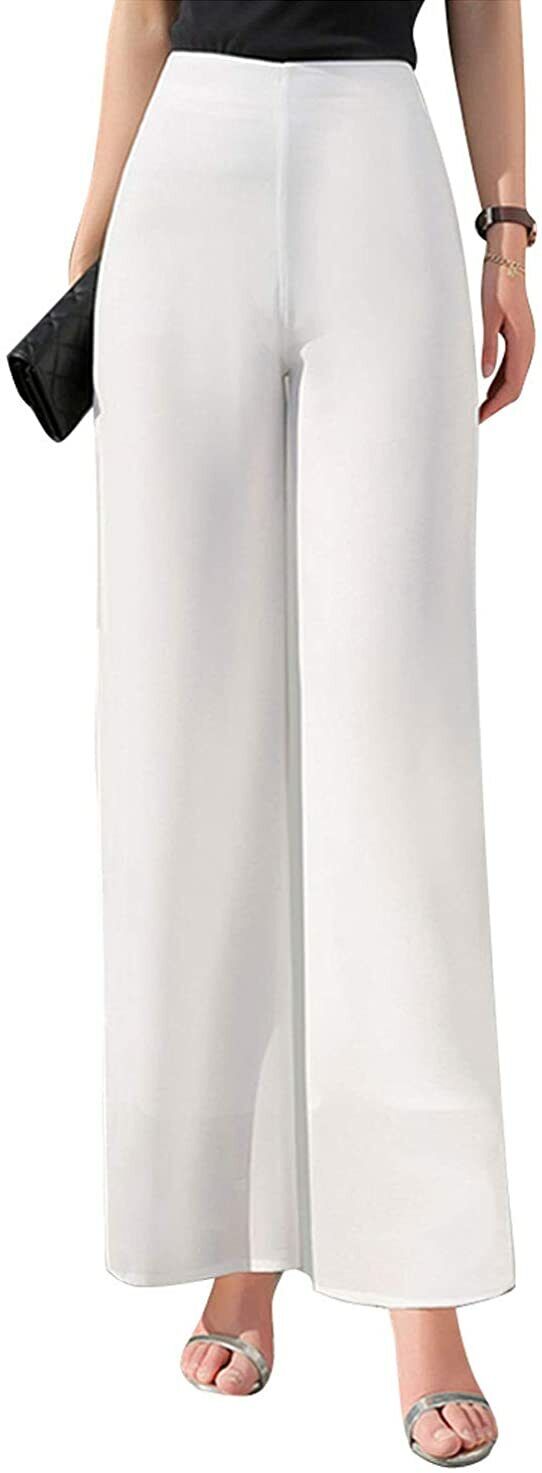 Womens Chiffon Elastic Waist Fold-Over Elephant Flare Wide Leg Trousers Pants