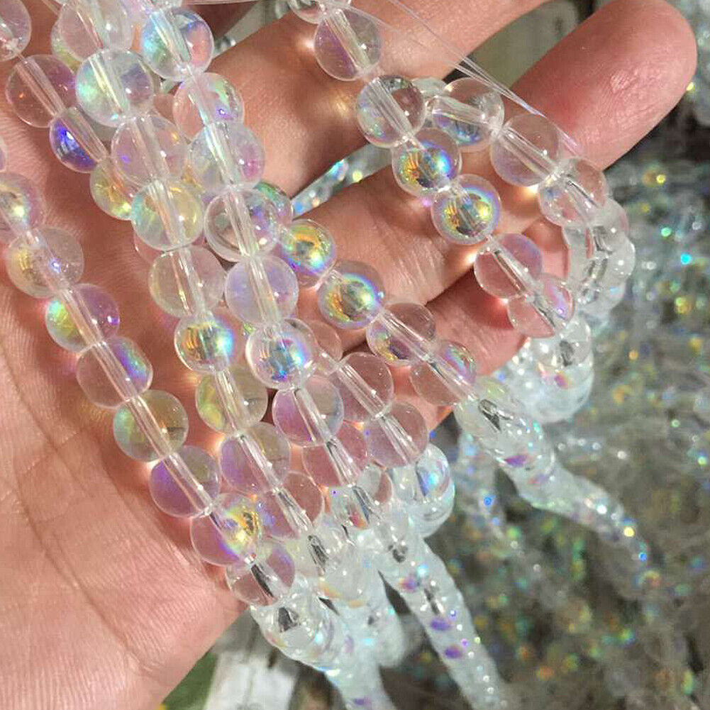 US 4~10mm Clear Rainbow Iridescent Mermaid Smooth Round Glass Bubble Bead Strand