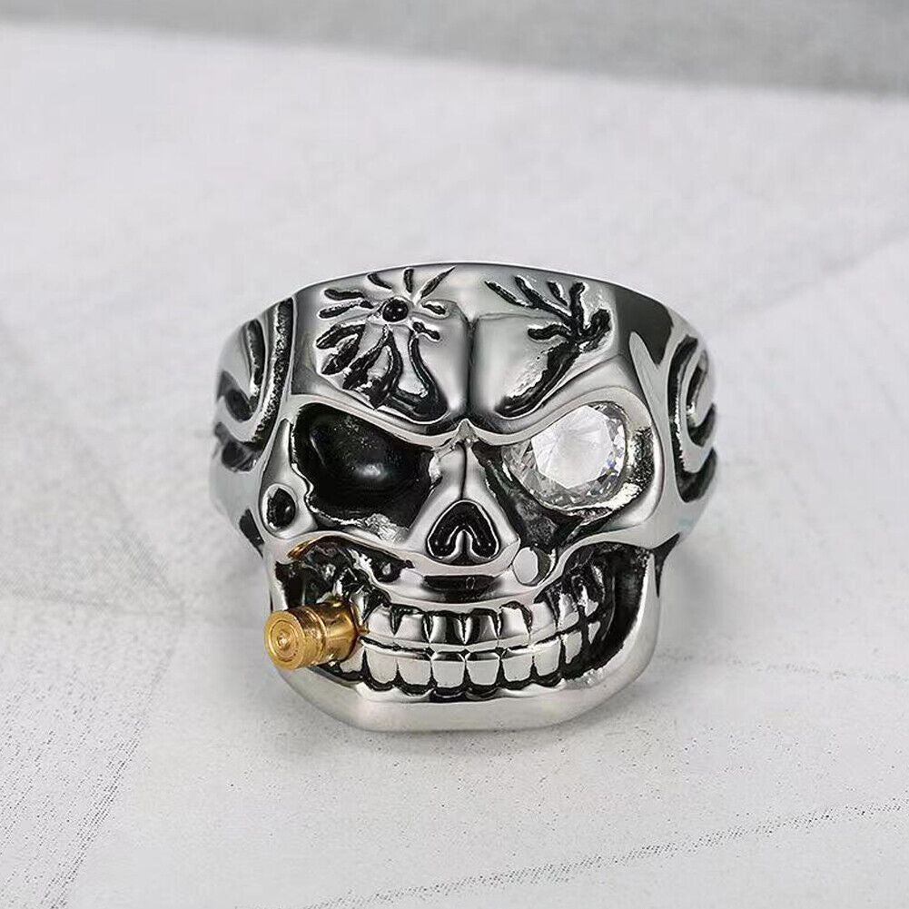 US 1-2Pc Goth Men Biker Punk CZ Smoking Skull Ring Men Stainless Steel Size 8-12