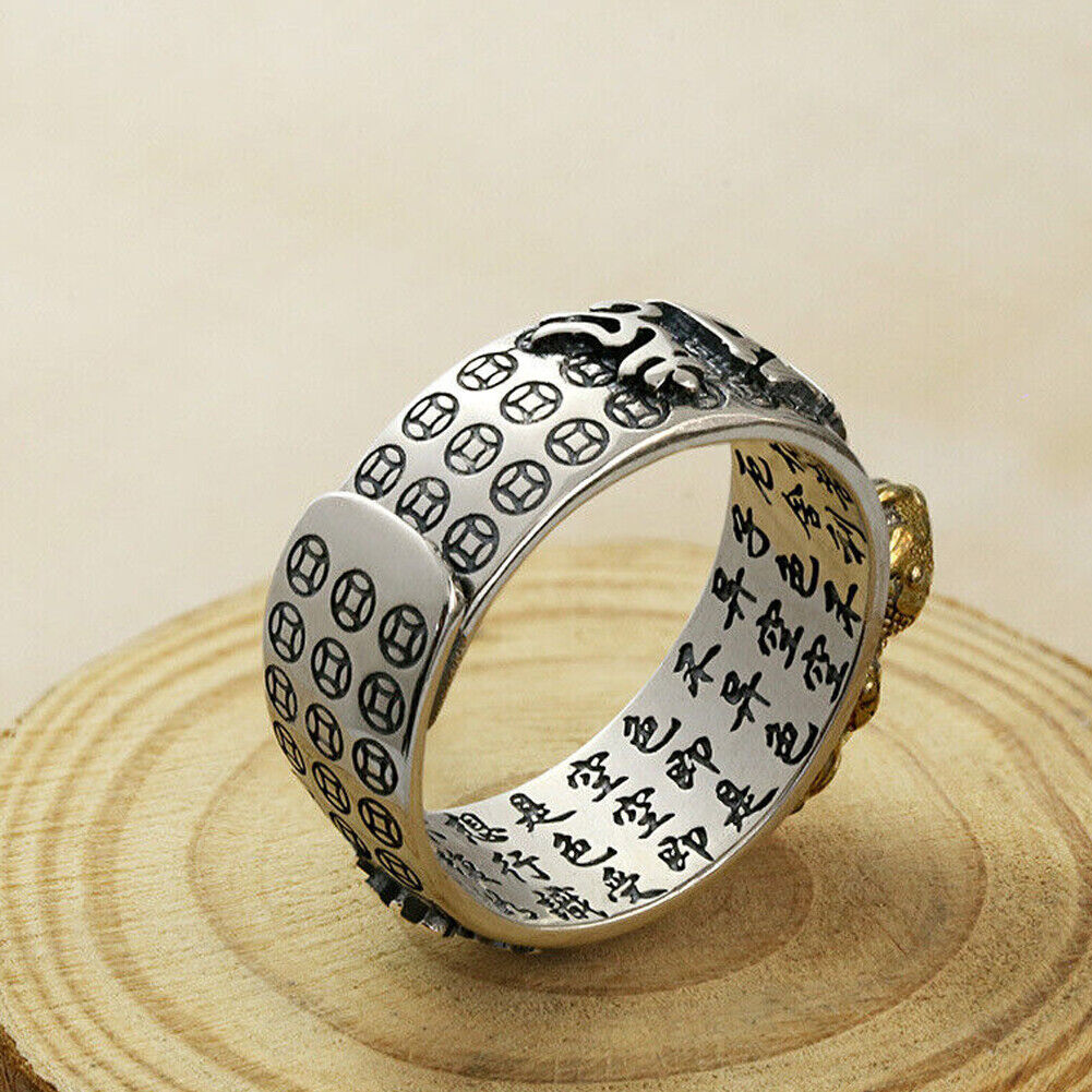 US 2-4Pc Silver Feng Shui Pixiu Adjustable Ring MANI Mantra Protection Wealth