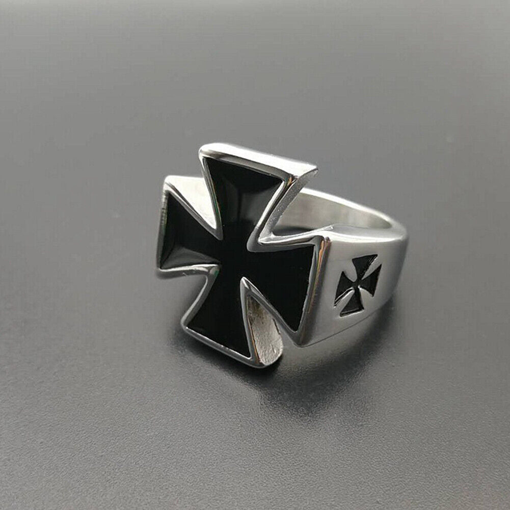 US 2 Pack Mens Iron Cross Biker Ring Stainless Steel Mc Black Silver Size 7-11