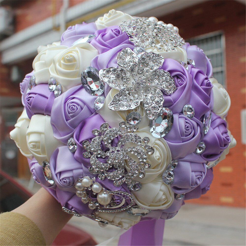 Bride Holding Bouquet Ribbon Rose Flowers Wedding Bouquet Rhinestone Brooch