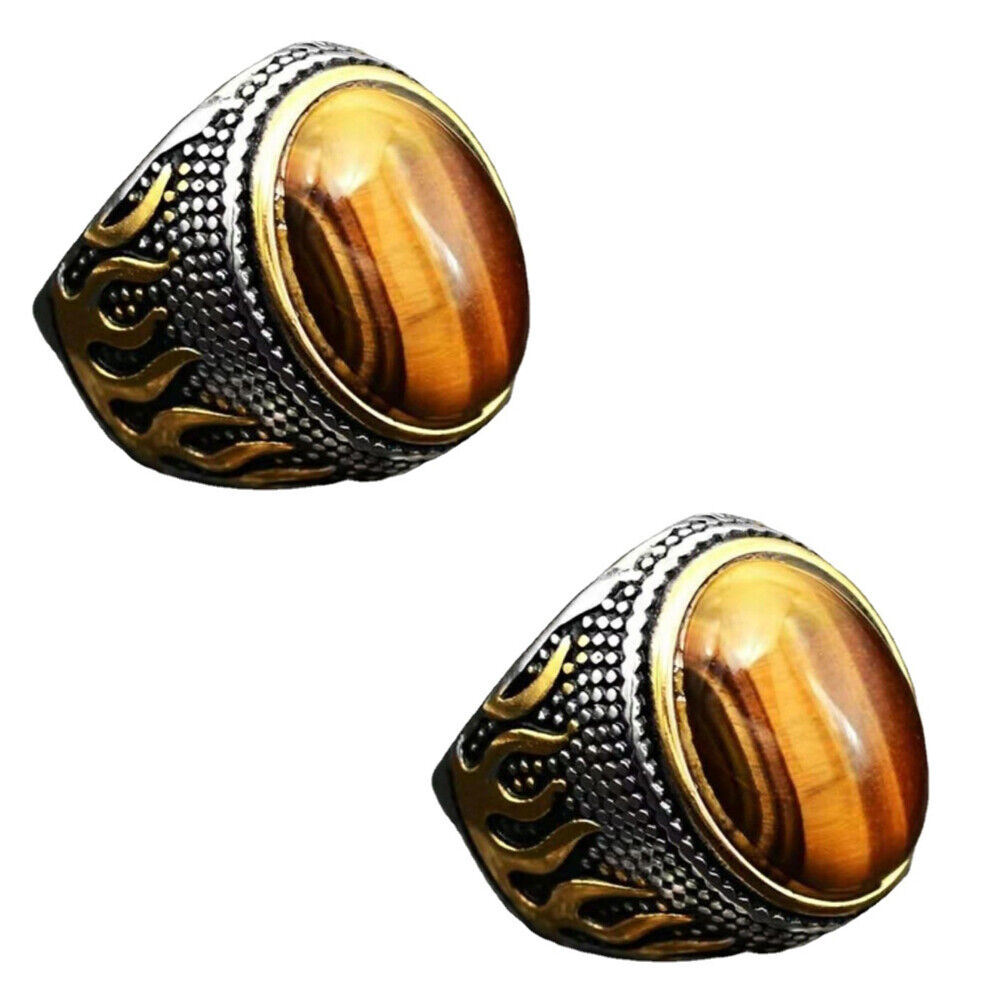 US 2Pc Mens Stainless Steel Gold Plated Oval Tiger Eye Stone Ring Size 7 8 9-11