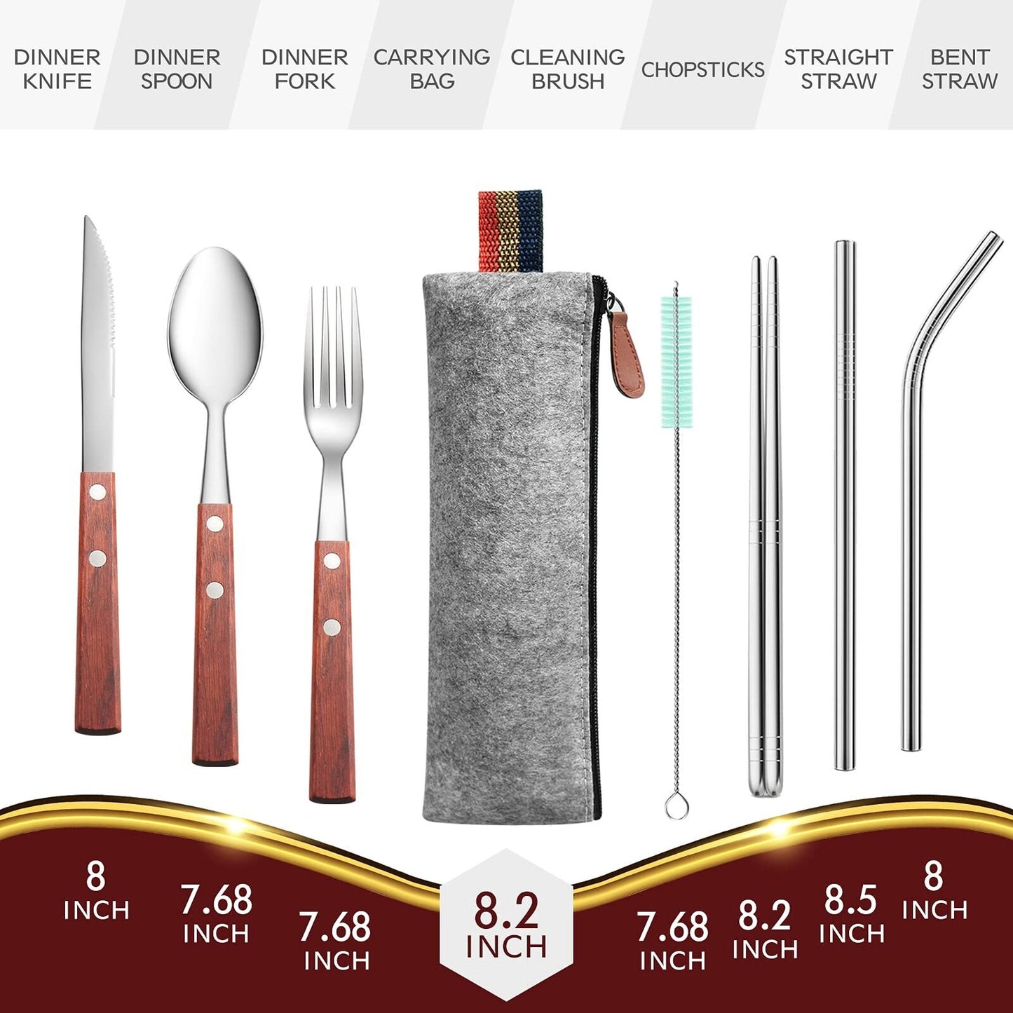 Reusable Camping Travel Utensils with Carrying Pouch， Flatware Set of Stainless