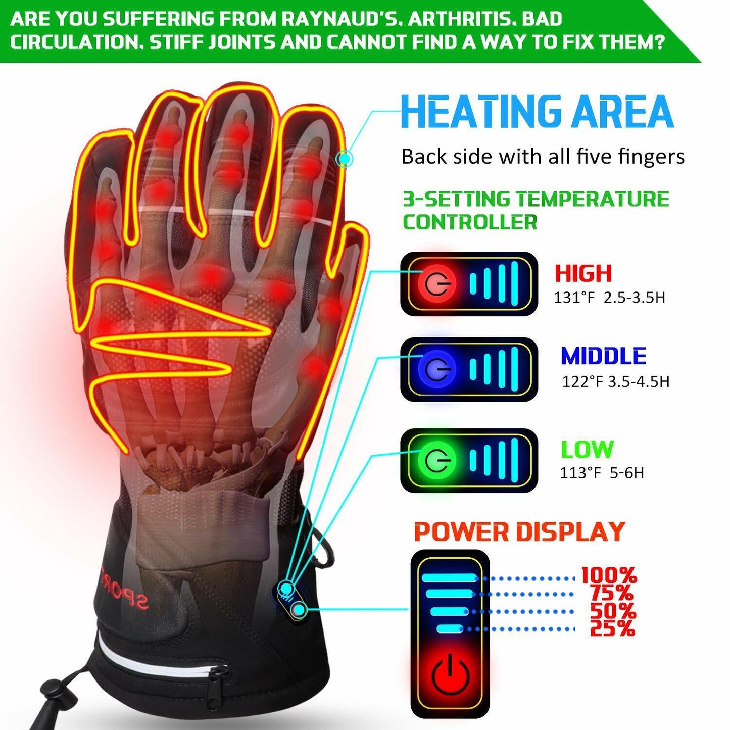 Rechargeable Heated Leather Gloves with Knuckle Protection Motorcycle Ski Riding