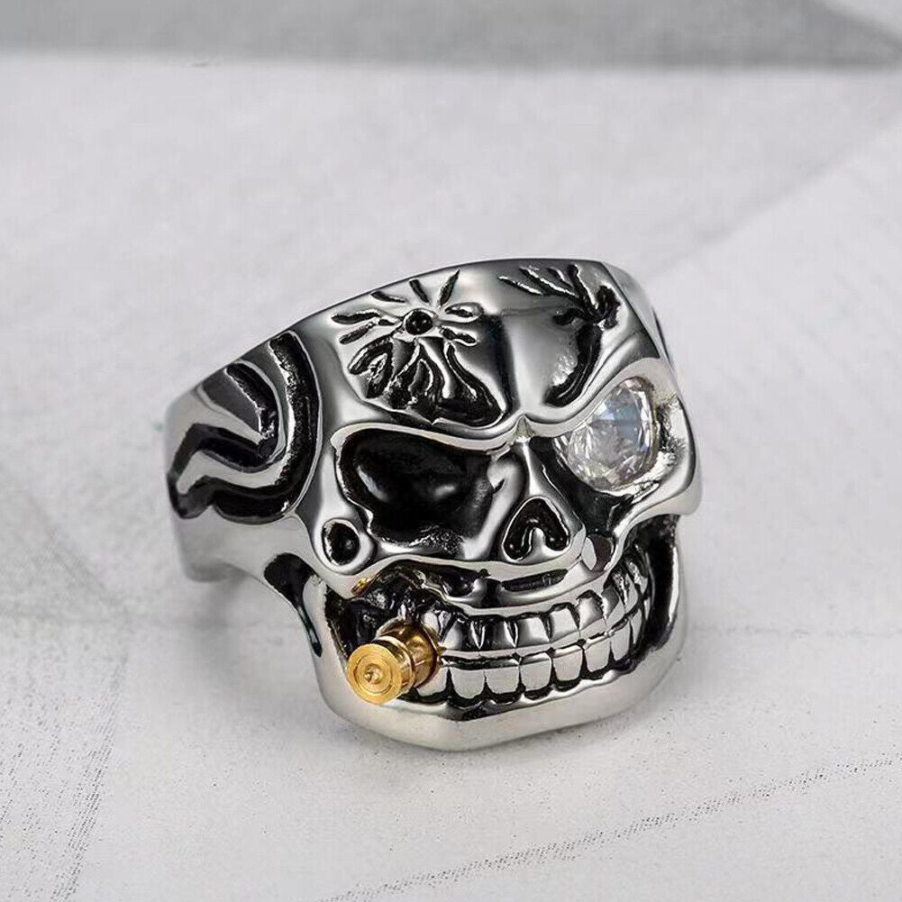 US 1-2Pc Goth Men Biker Punk CZ Smoking Skull Ring Men Stainless Steel Size 8-12