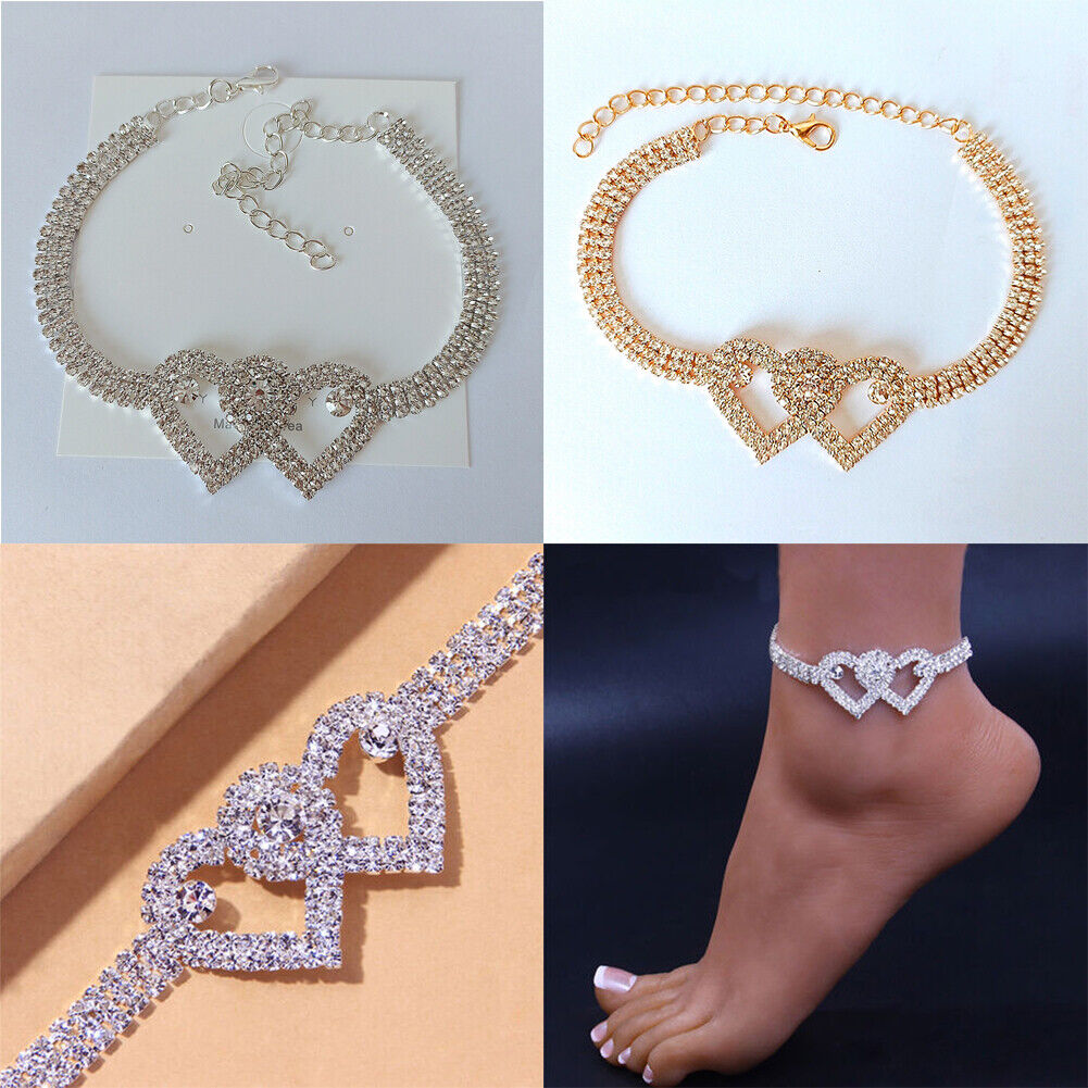 US 2-4 Pack Love Chain Double Heart Anklet Bracelet Bling Crystal Ankle Barefoot