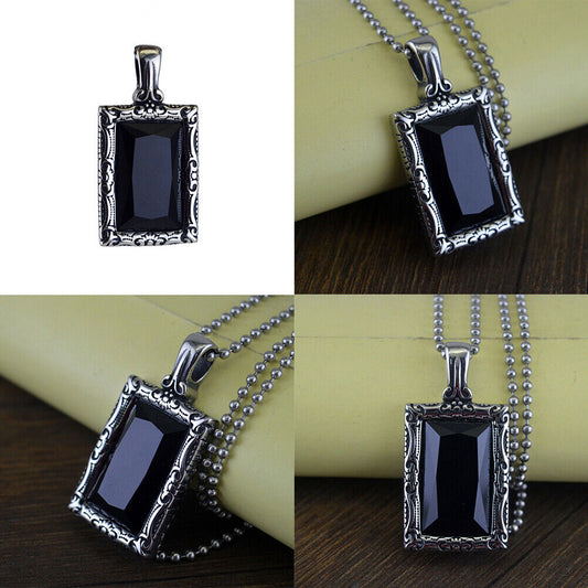 US 1-2 Pc Stainless Steel Mens Hip Hop Black Obsidian Stone Pendant Necklace Men