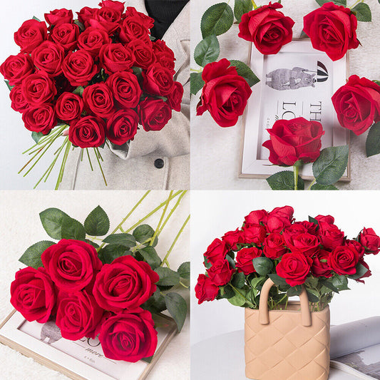 US 20 Pc Red Silk Roses Artificial Flowers Realistic Bouquet HomeDecor Xmas Gift