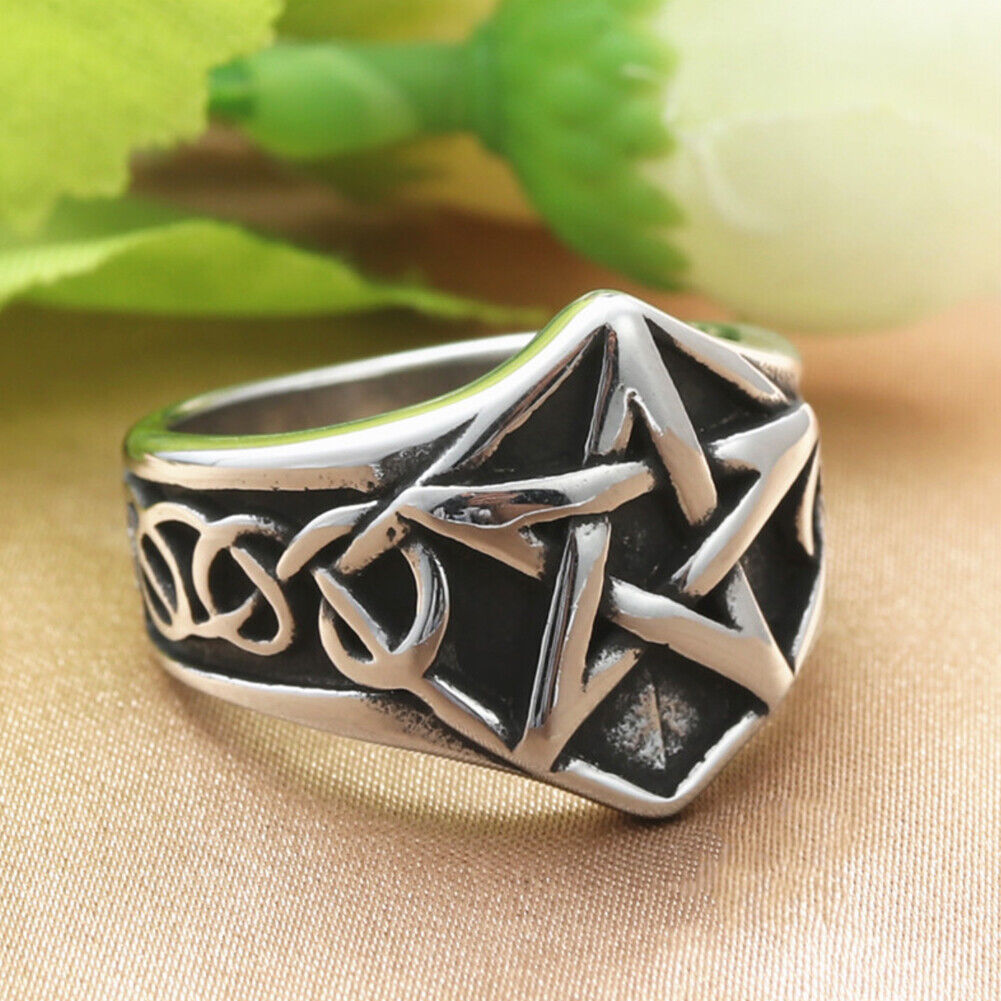 US 2-4 Pcs Mens Celtic Wiccan Pagan Pentagram Star Ring Stainless Steel Size