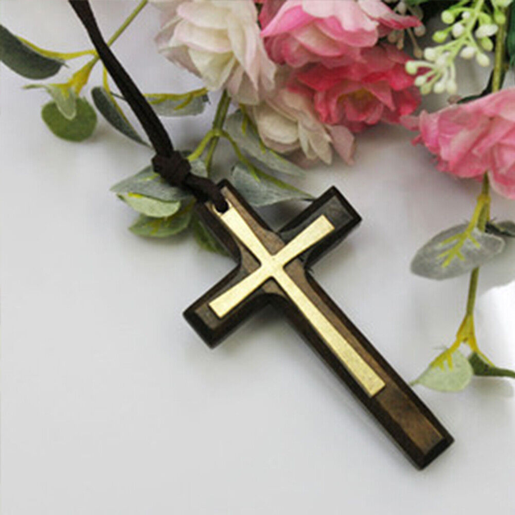US 1-2 Pack Wood Wooden Cross Long Pendant Adjustable Christian Necklace Unisex