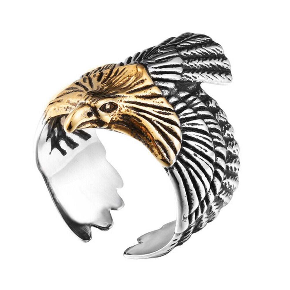 US Mens Stainless Steel Gold Plated Eagle Head Bird Biker Ring Men Size 8-11