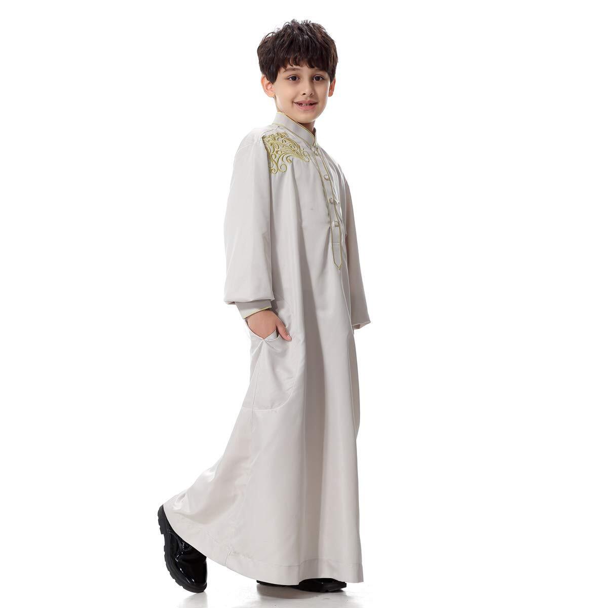 Arabic Thobe Muslim Thobe Kaftan Stand Collar Robe with Botton for Boy