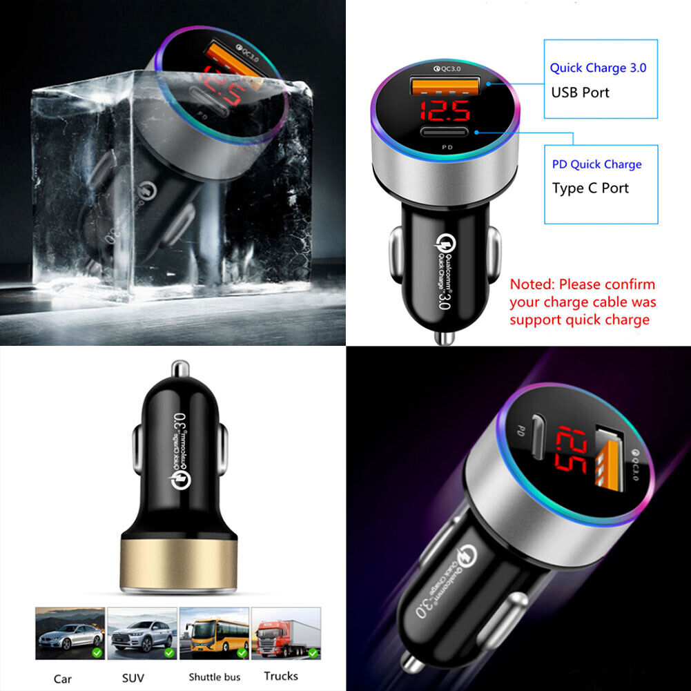 US 1-2 Pack Fast Car Charger Type C USB Lighter Adapter Plug 40W Digital Display