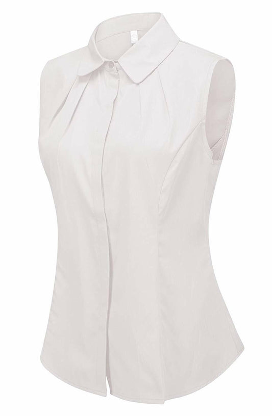 Women's Cotton Sleeveless Button Down Shirt Collared Pleated Blouse