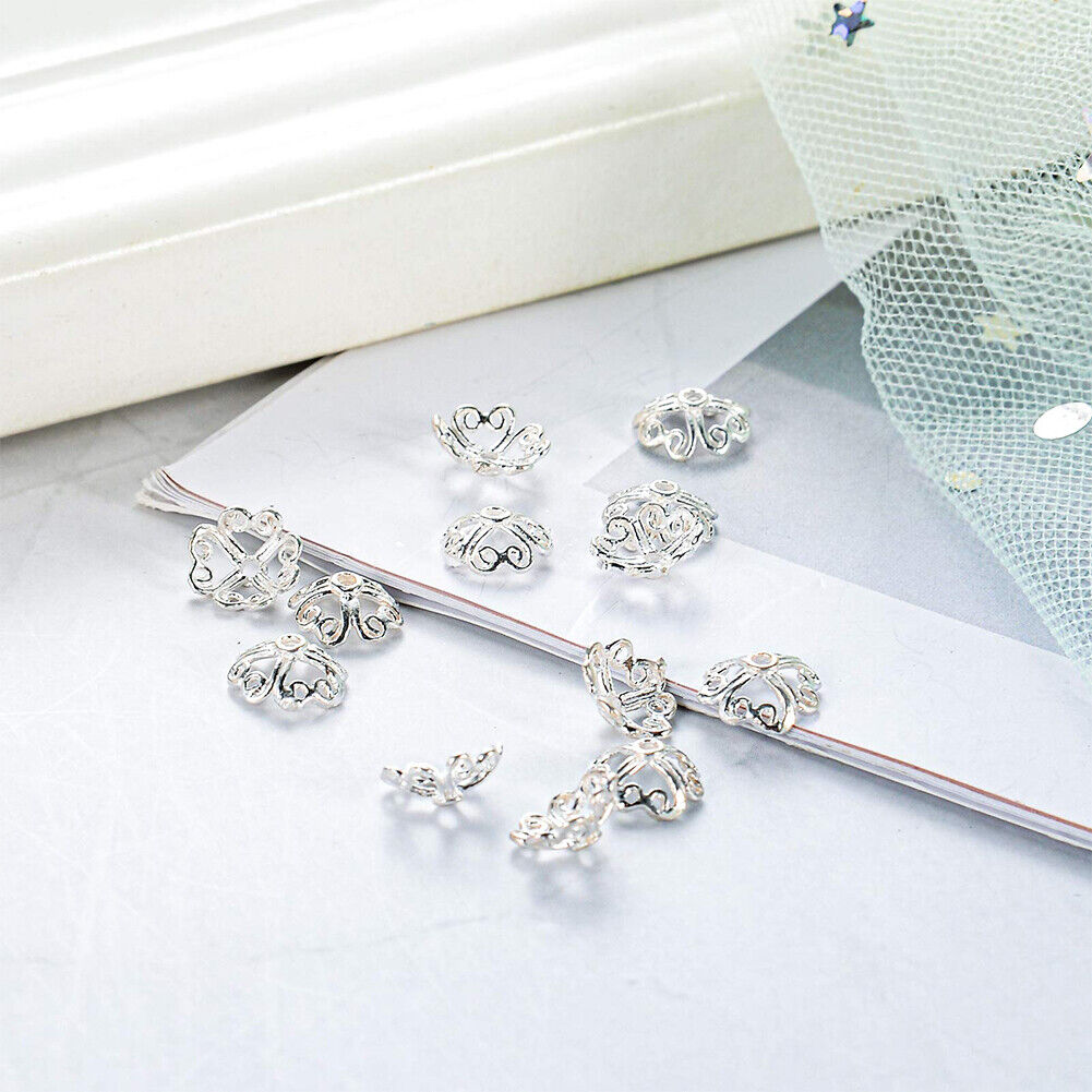 US 10Pc 925 Sterling Silver Heart Filigree Flower Shape Bead Cap Jewelry Making